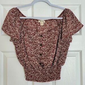 Monteau Top Women’s L Red Floral Smocked Blouse Cottagecore Peasant Coquette